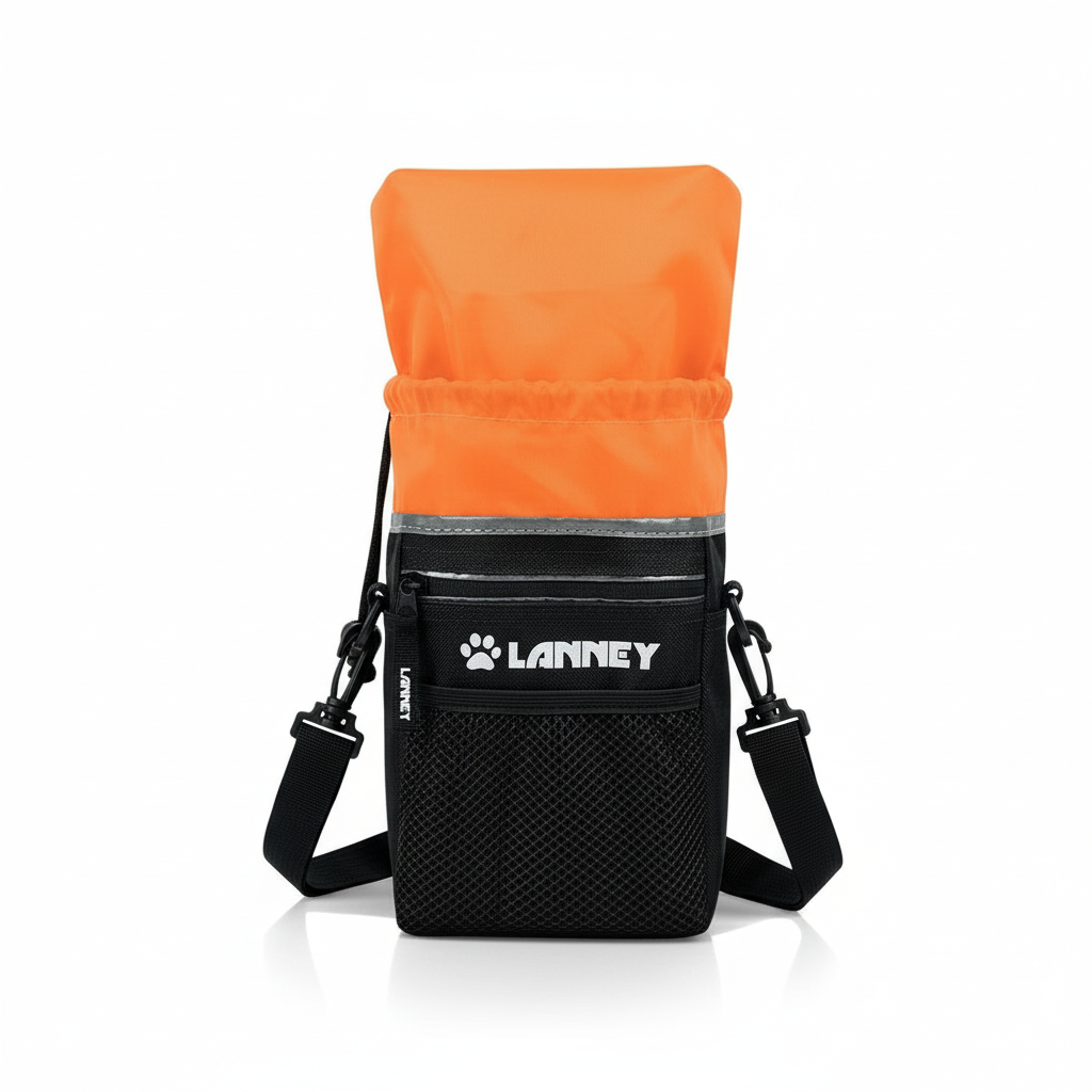 Dog Treat Pouch Pet Training Bag for Small to Large Dogs, Treat Tote Carry Kibble Snacks Toys for Training Reward Walking, Metal Clip, Waist Belt, Shoulder Strap, Poop Bag Dispenser, Black with Orange